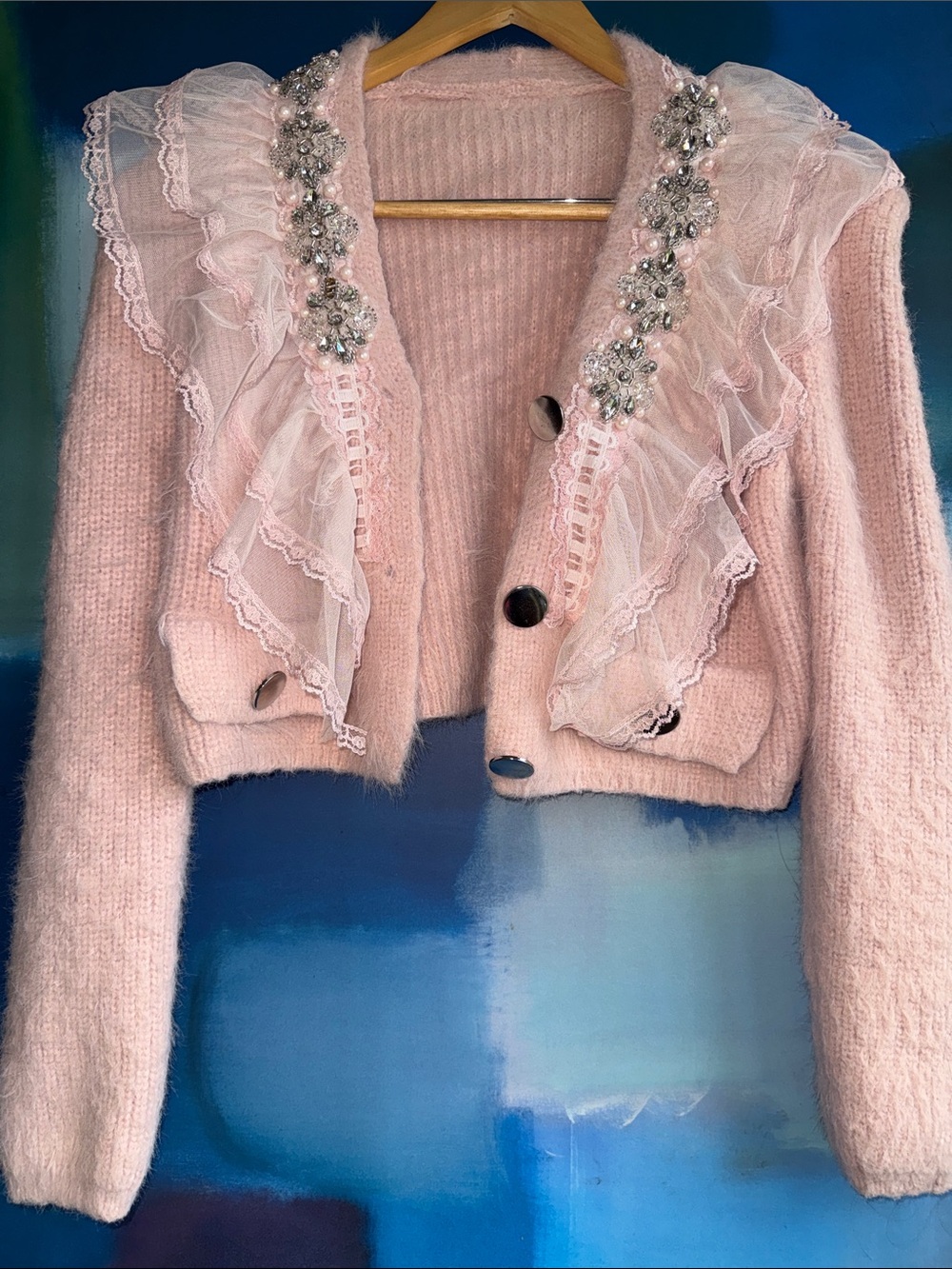 Self-Portrait Pink Crystal-Embellished Lace-Trimmed Cropped Cardigan